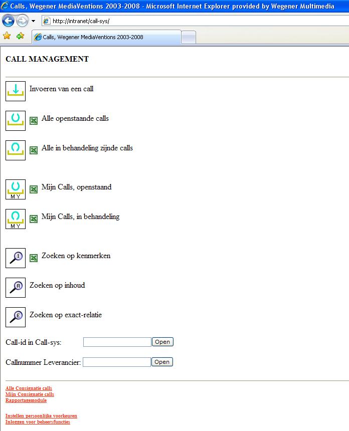 Callregistratie, hoofdmenu
